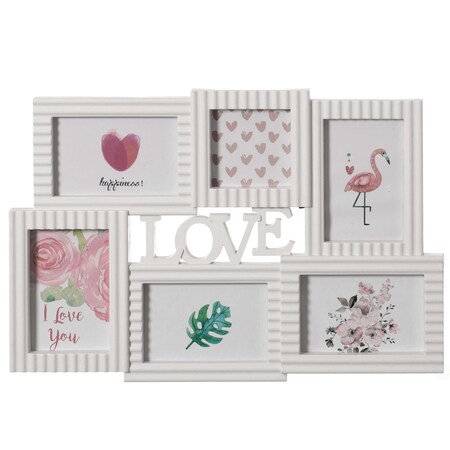 Fabulaxe Modern Wall Mounted Collage Picture Holder Multi Photo Frame for 6 Pictures Love Text Design QI004490.WT